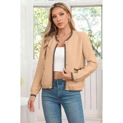 V For City Women's Tweed Round Neck Long Sleeve Cardigan Jacket with Pockets