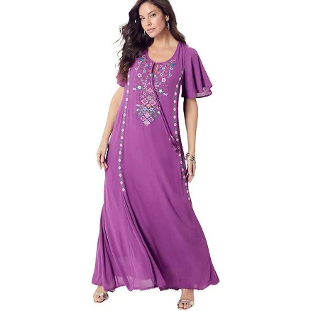 Roaman's Plus Size Flutter Sleeve Hand Crinkled Maxi Dress