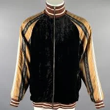 GUCCI Size XL Black Gold Burgundy Chain Print Viscose Silk Track Jacket