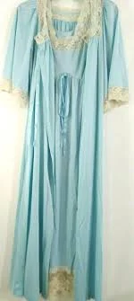 Vintage Formfit Rogers Nightgown Peignoir Robe Set Blue Ivory Lace Small USA