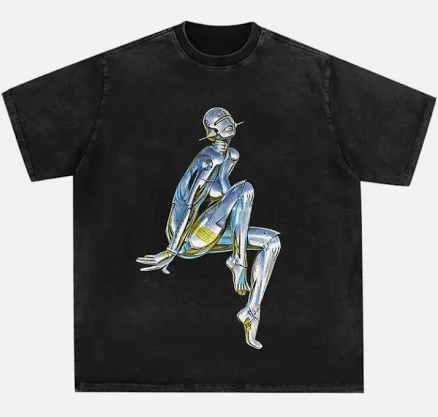 Hajime Sorayama Sexy Robot Graphic Print T-Shirt Washed Black S-3XL