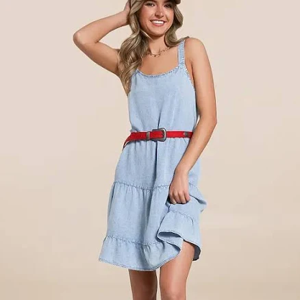 En Creme Women's Lyocell Washed Denim Tiered Dress with Buckle