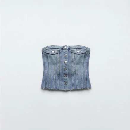 Denim Trf Corsetry-Inspired Top - Blue - Women - Zara