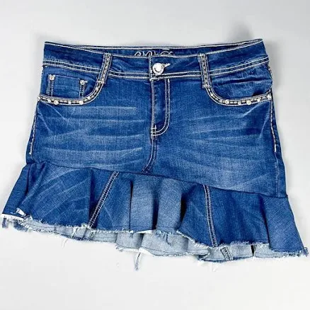 Y2K Ruffled Hem Reworked Denim Mini Skirt with Embroidered Pockets