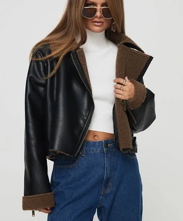 Princess Polly Shearling Trim Faux Leather Jacket