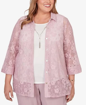 Plus Women's Size Alfred Dunner Floral Lace Two in One Top with Necklace