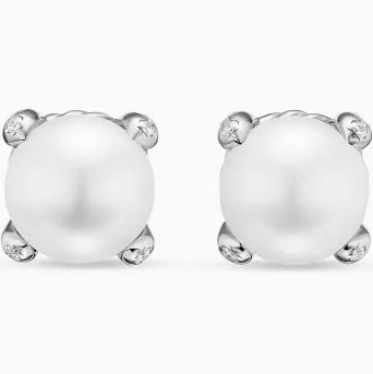 David Yurman Women's Sterling Silver Pearl and Diamond Stud Earrings