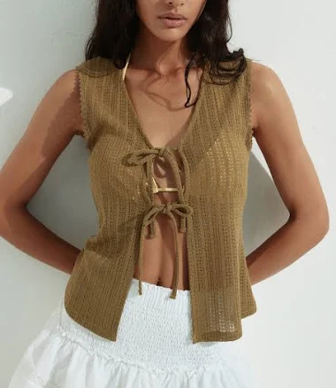 Ladies H&M Golden Olive Knit Tie-Front Top