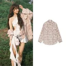 [Lesserafim-Eunchae]New Dirtywashing Overfit Check Shirt Pink