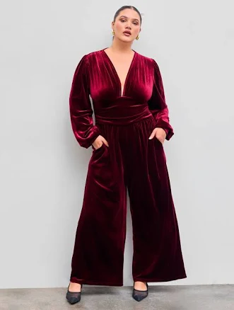 CIDER Women's Velvet V-Neck Ruched Pocket Wide Leg Jumpsuit