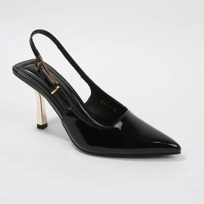 BERNESS Women's Honey Glossy Slingback Pumps with Gold Buckle Detail