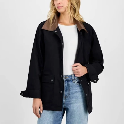 Maralyn & Me Juniors' Contrast-Collar Snap-Front Barn Jacket