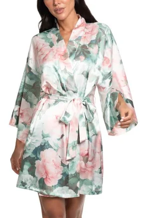 In Bloom Women's Floral Print Satin Robe with Lace Trim