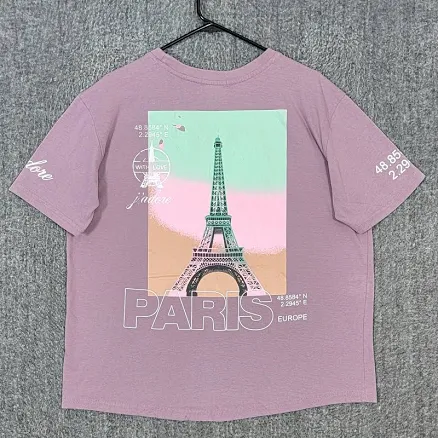 Paris France Eiffel Tower T-shirt Womens L Lavender Short Sleeve