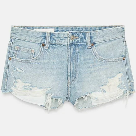 Zara Trf Ripped Mid-Rise Denim Shorts
