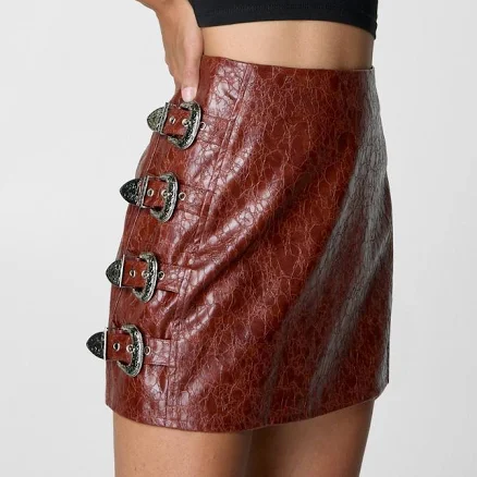 Nasty Gal Women's Distressed Faux Leather Skirt with Buckle Detail