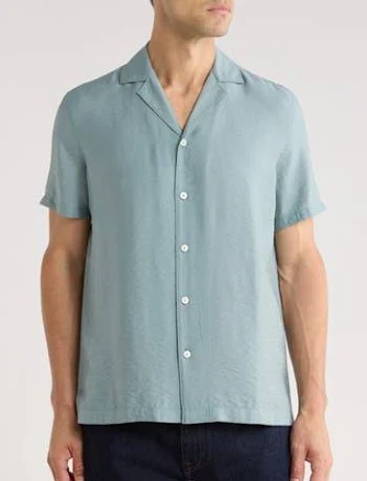 Nordstrom Hammered Satin Camp Shirt in Blue Spruce at Nordstrom Rack, Size X-Large