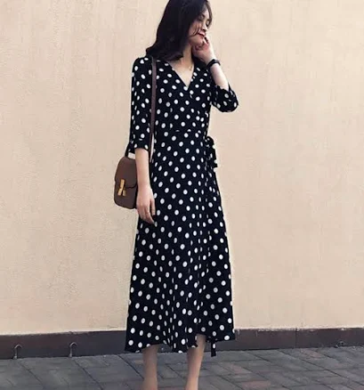 DaisySilk Polka Dot Silk Wrap Midi Dress Black White 3/4 Sleeve