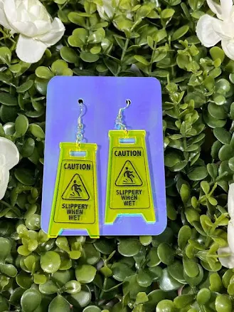 Caution Wet Floor Sign Safety Earrings