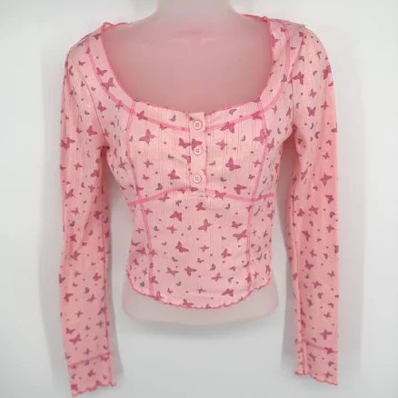 Sugar Thrillz Tops | Dolls Kill Sugar Thrillz Butterfly Pointelle Top Women Xs Pink Lettuce Hem Y2k | Color: Pink | Size: Xs | Thriftingpixie's Closet