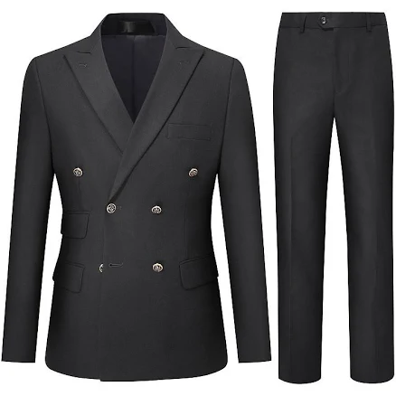 Men's 2 pc Slim Fit Double-Breasted Peak Lapel Solid Business Suit Set, Size: XL, Black