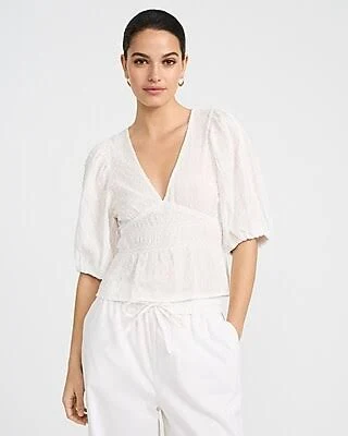 Express Women's Textured Cotton V-Neck Puff Sleeve Top
