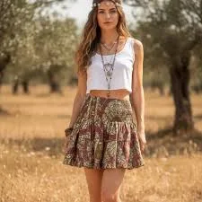 Rara Mini Skirt, Boho Tiered Gypsy Style Short Silk Skirt, Handmade Patchwork Mini Skirt