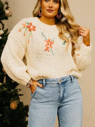Floral Embroidered Chunky Knit Sweater