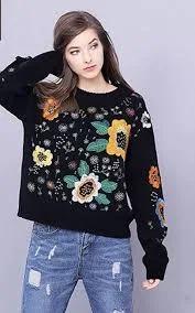 Women Ladies Black Winter Floral Embroidery Knitted Knitwear Jumper Top