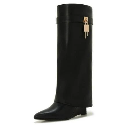 Uillnoodu Women's Shark Boots Fold-Over Knee-High Faux Leather Boots with Side Zipper, Lock Buckle and Wedge Heel Winter Style, Size: 7, Black