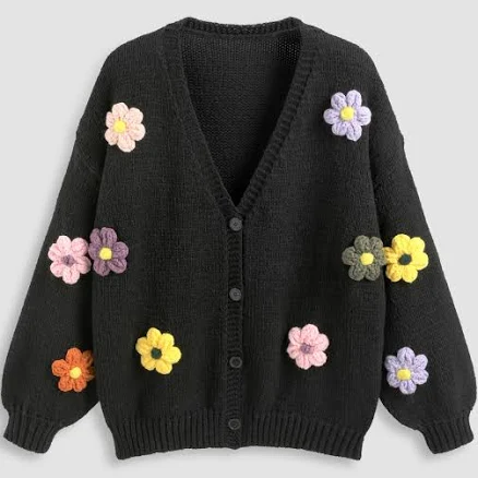 CIDER Women's Fall V-Neck 3D Flower Curve & Plus Size Cardigan School