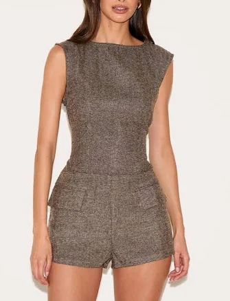 PrettyLittleThing Women's Sleeveless Tweed Playsuit with Pockets
