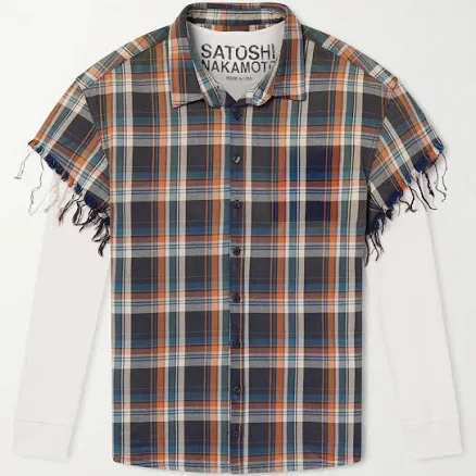 Satoshi Nakamoto Men's Layered Frayed Checked Cotton-flannel Shirt