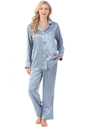 Cerulean Blue Silk Satin Pajama Set with Eye Mask, Luxury Sleepwear, Button Down Pajamas