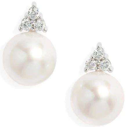 14K White Gold Diamond & Akoya Pearl Stud Earrings