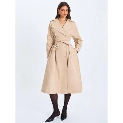 Miss Circle Women Ulila Beige Double-Breasted Pleated Cotton-Blend Trench Coat