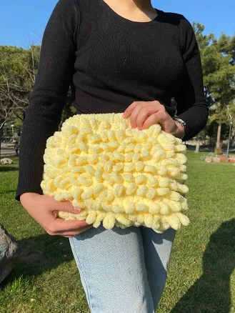 Clutch Bag Woman, Plush Yellow Bag, Puffy Clutch Handbag, Handmade