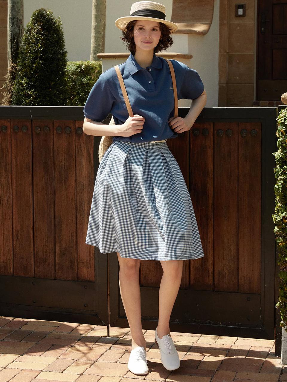 FRIULI Stitch point tucked gingham check midi skirt [Blue]