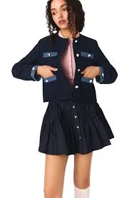 Tweed jacket with denim trim