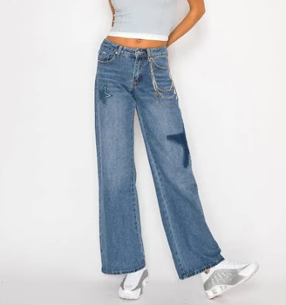 Rhinestoned Star Patch Baggy Jeans with Key Chain
