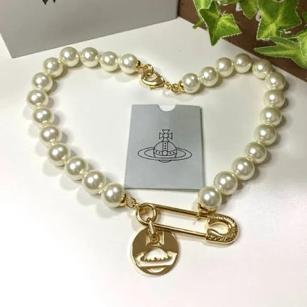 Vivienne Westwood Safety Pin Pearl Choker Gold Orb Necklace With