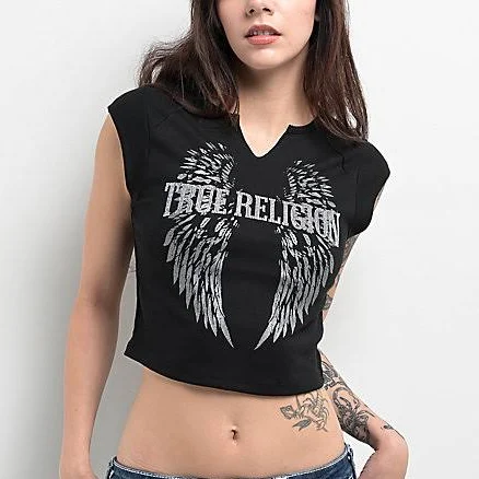True Religion Women's Crystal Logo Winged Notch Baby T-Shirt