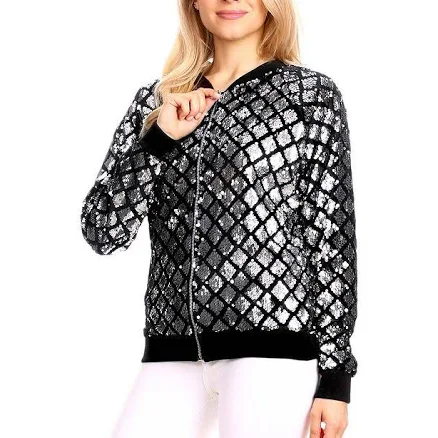 Women's Striped Metallic Sequin Varsity Jacket, Size: Medium, White And Silver