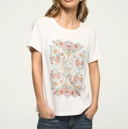 Lucky Brand Women's Floral Poster Embellished Classic Crewneck T-Shirt