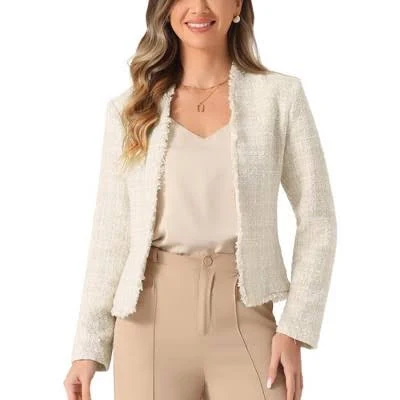 Women's Plaid Tweed Long Sleeve Open Front Work Office Jacket