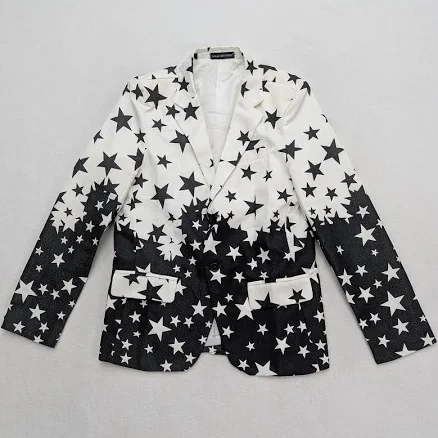 Men's Blazer Jacket Sports Coat Star Print Black White Flaw - See