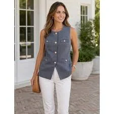 NWT Joie Sleeveless Tailored Cotton Blend Denim Look Button Front Vest Size S