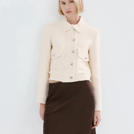 MANGO Women's Tweed Notched Lapel Collar Jacket