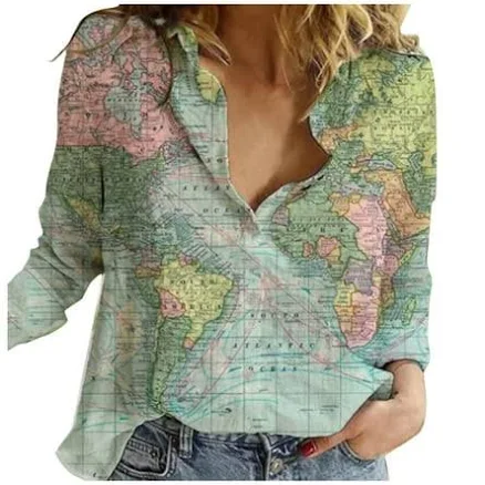 Women's World Map Printed Long Sleeve Loose Shirt