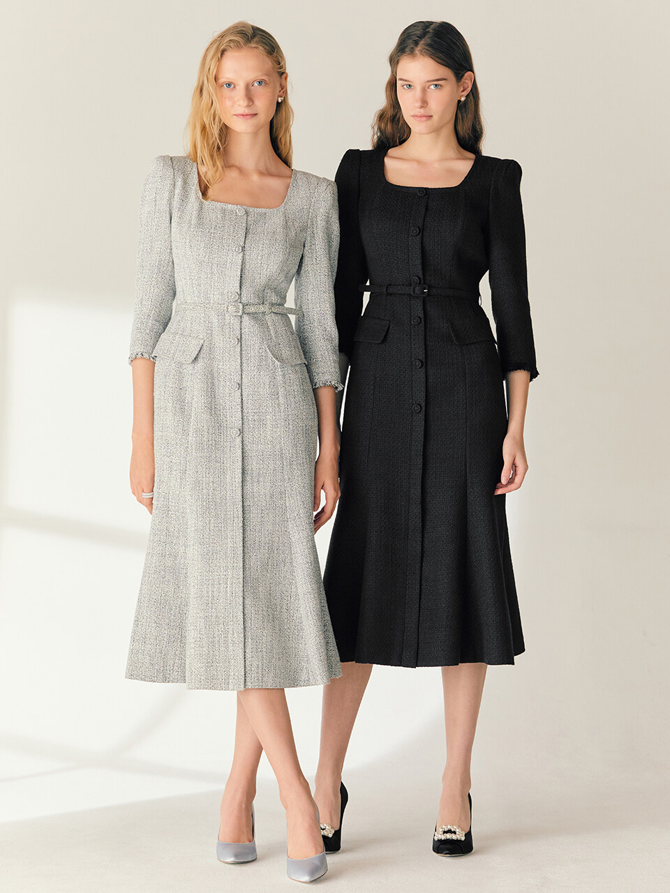 MELISSA Square Neck Semi Mermaid Tweed Dress